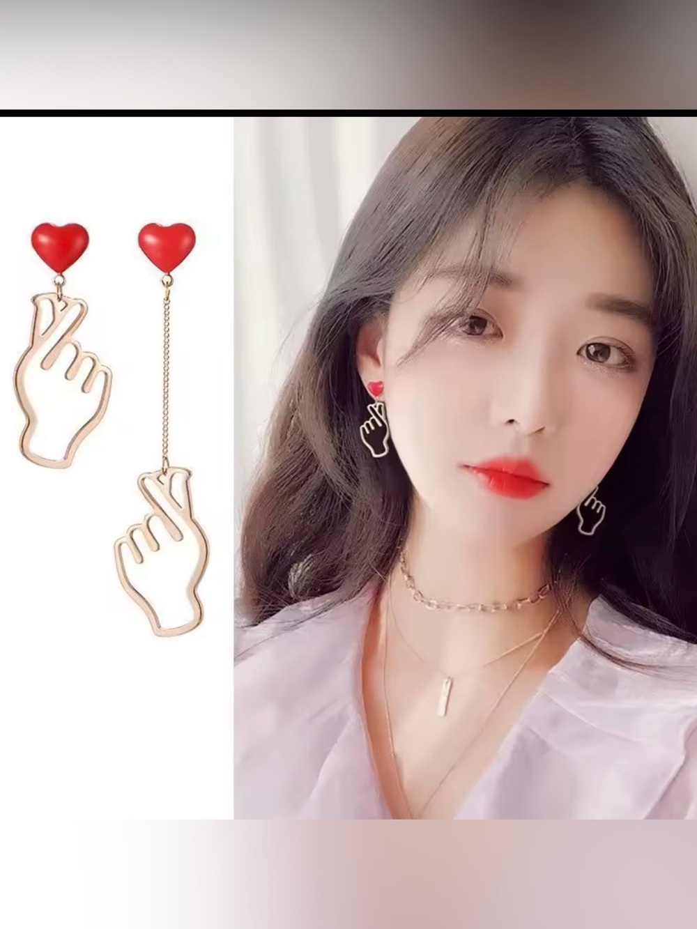 Gold Hand Gesture Drop Earrings with Red Heart Studs